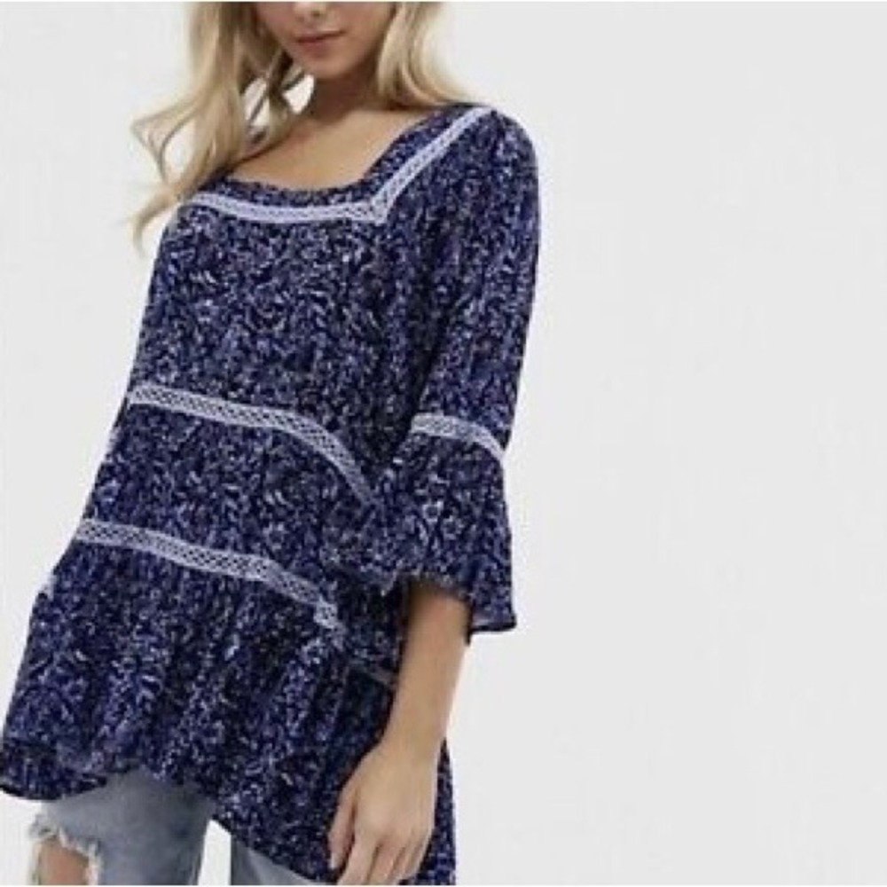 Free People Talk About It Navy Floral Crochet Lace Tiered Boho Tunic Top Small